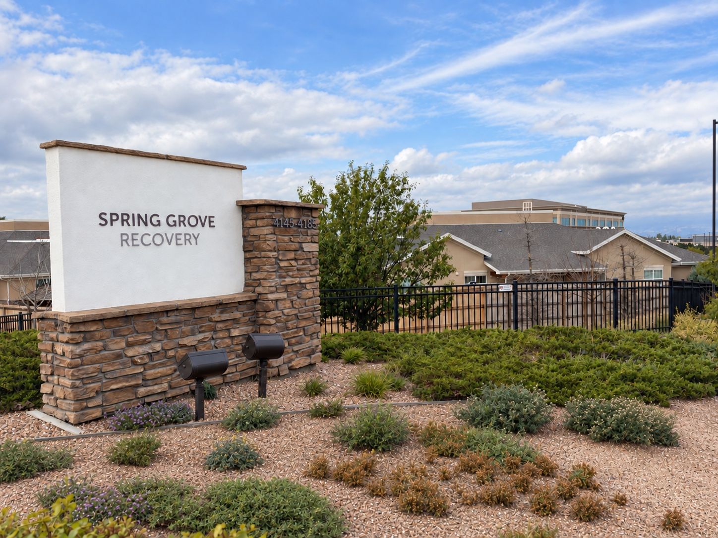 The Spring Grove Recovery monument sign at 4145–4185 Briargate Parkway in Colorado Springs, Colorado, with the campus behind it